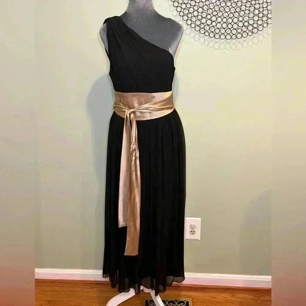 Banana Republic- Black one shoulder layered dress with gold belt - Size 12